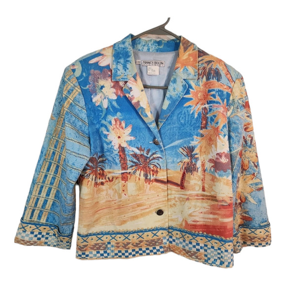 Nancy Bolen Jacket Palm Tree Design Blue Turquoise Orange Buttons Lined Size S - Picture 1 of 9